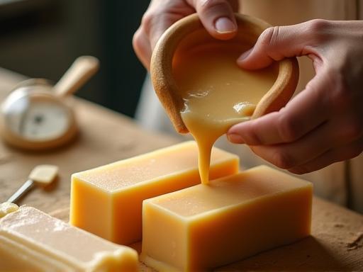 Woman carefully pouring liquid soap mixture into molds